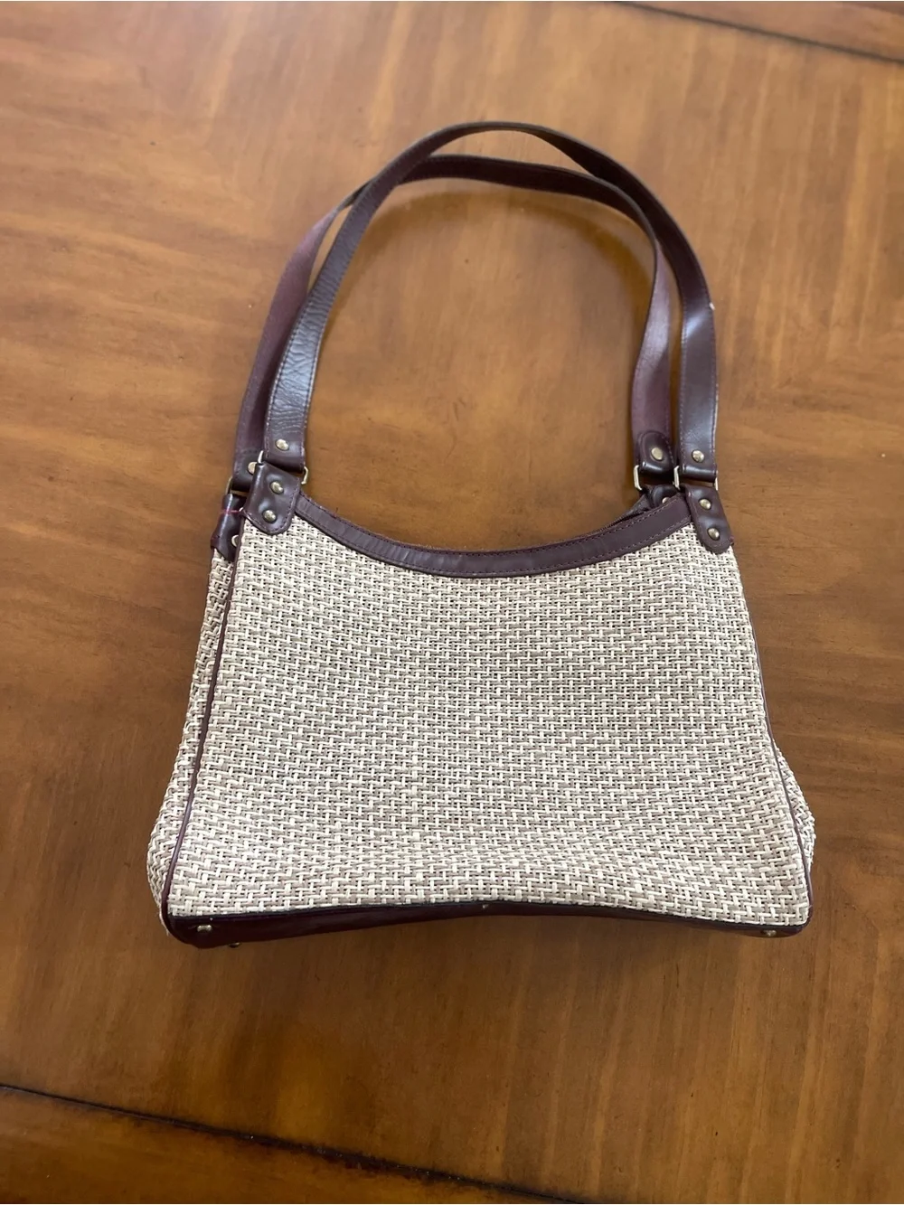 Vintage Anne Klein Woven Tote with Burgundy Leather Trim